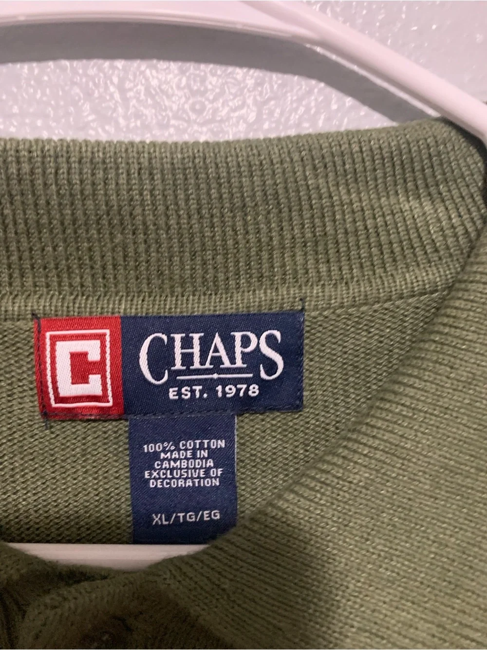 Chaps Men’s Olive Green Long Sleeve Polo with Contrast Collar
